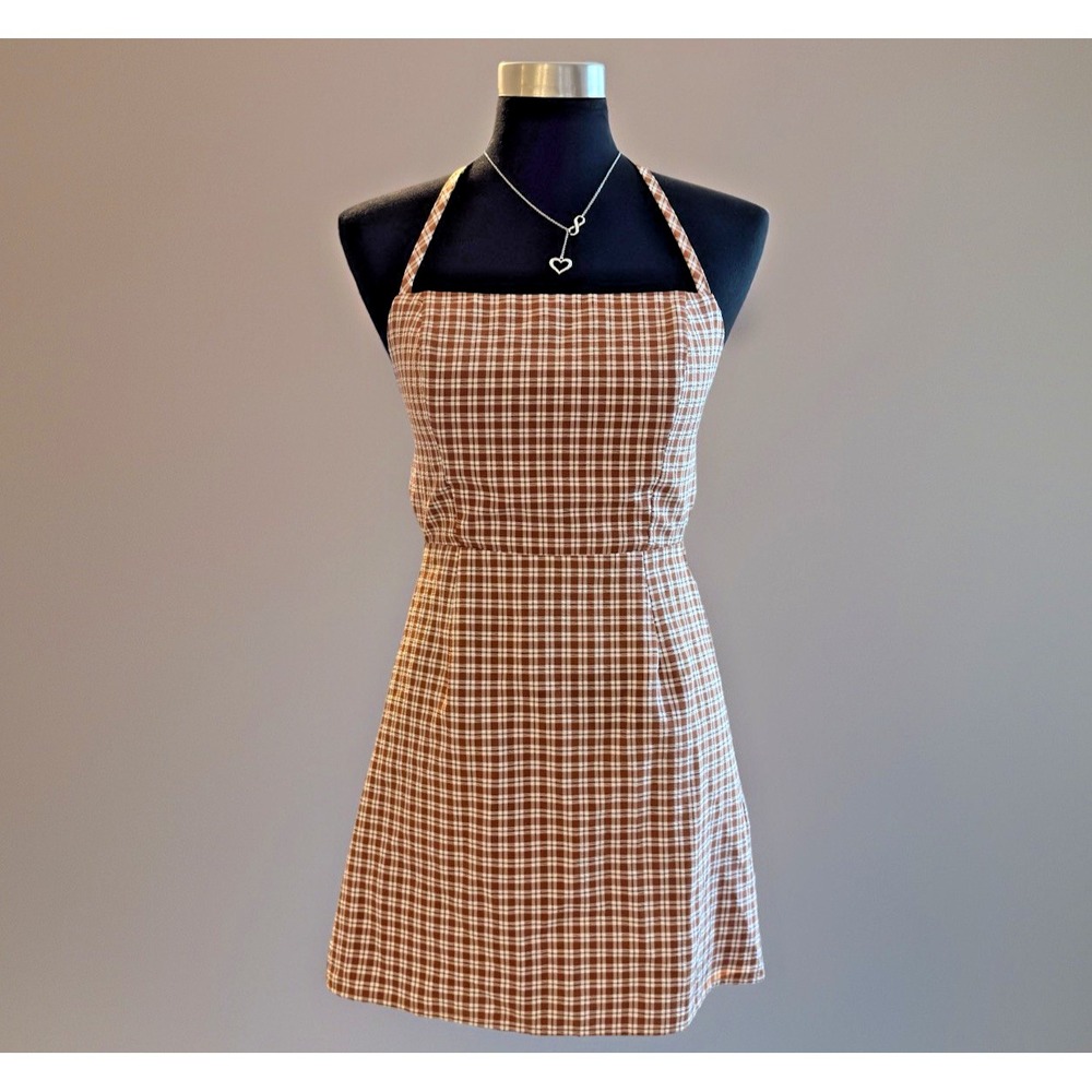 Lottie Moss Halter Mini Dress Women's Medium Brown White Gingham Backless Pacsun